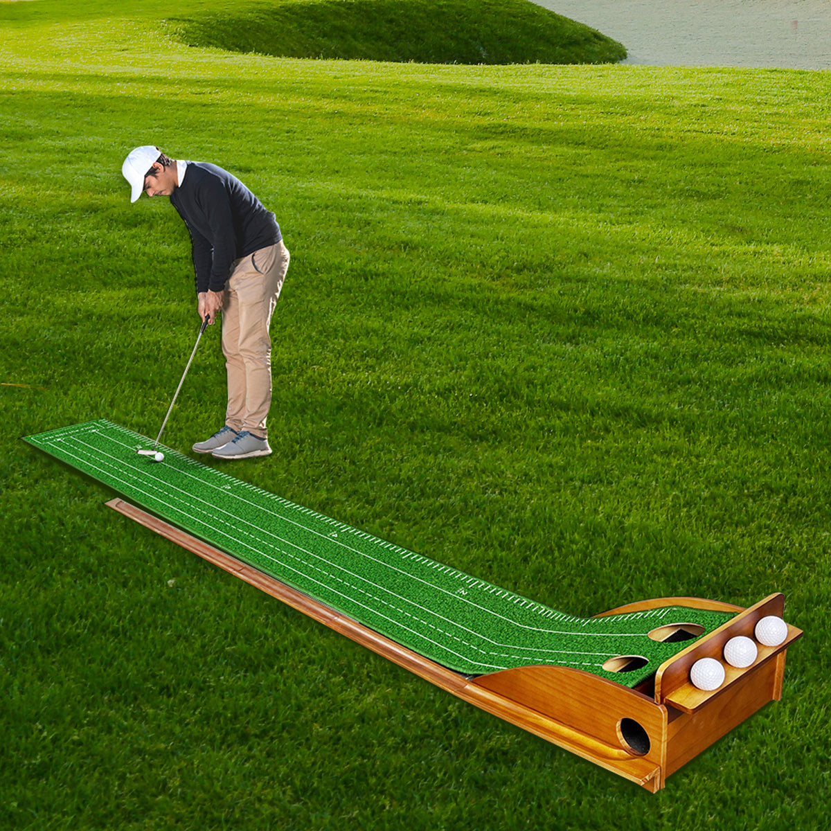 Hyper-Pro-Grade Dual Hole Putting Mat – Auto Ball Return & Non-Slip Wooden Golf Green - Hyper living