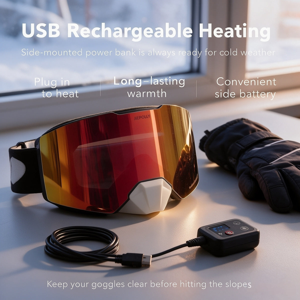 JIEPOLLY Heated Anti-Fog Ski Goggles, Built-in Side Battery for Snowboarding - Hyper living
